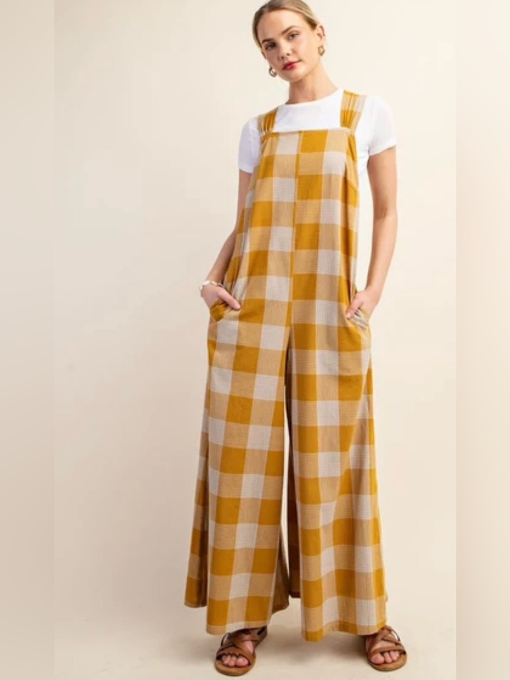 Women’s Mustard Check Wide-Leg Overalls Jumpsuit - Picture 11 of 11